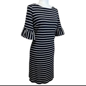 TALBOTS Navy/White Striped Cotton Bell Sleeve Dress Medium